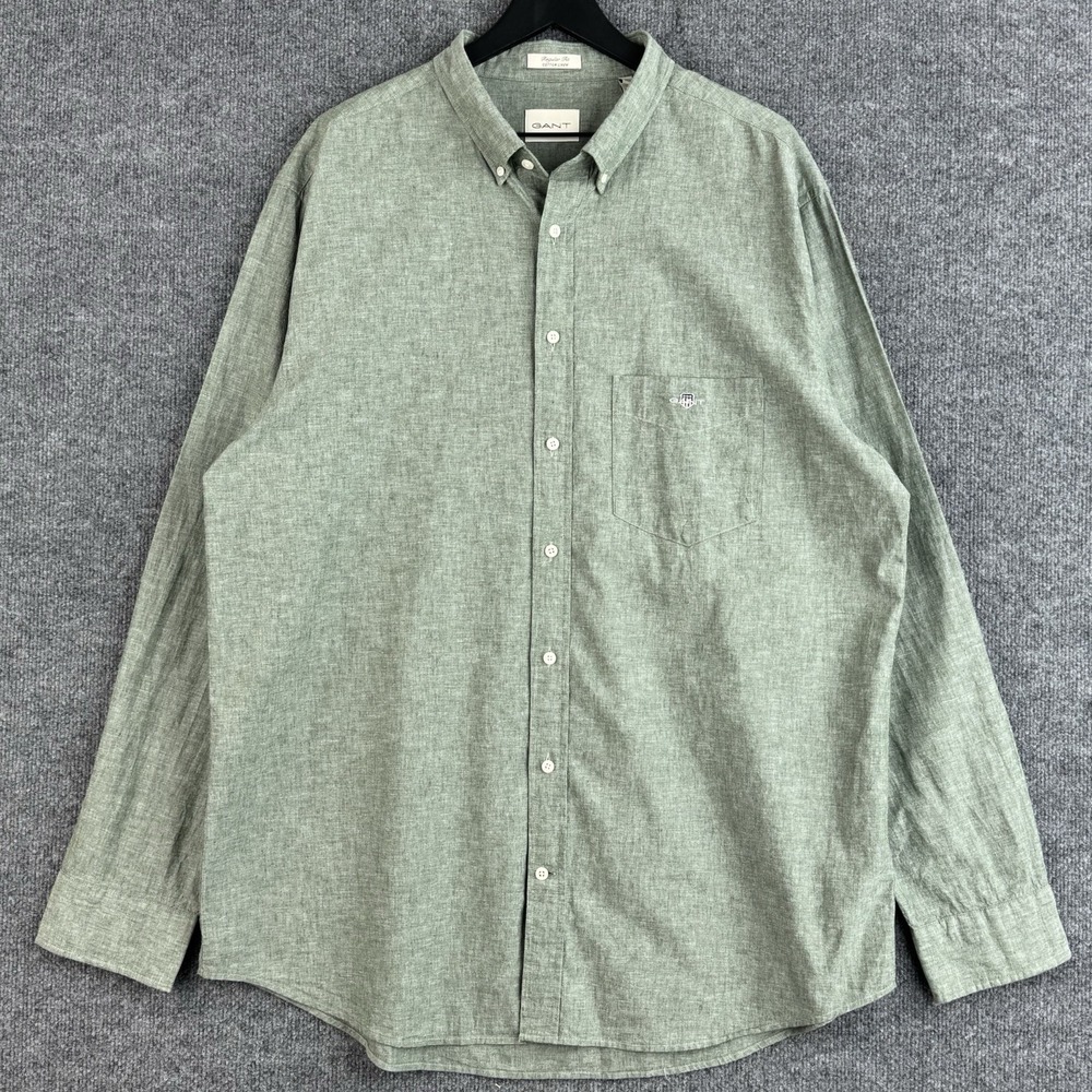 Gant Cotton Linen Button Down Shirt Mens 3XL Green Resort Vacation Long Sleeve